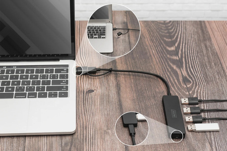 Hub USB 3.0/Koncentrator 4-portowy SlimLine USB A + adapter USB-C 5Gbps,