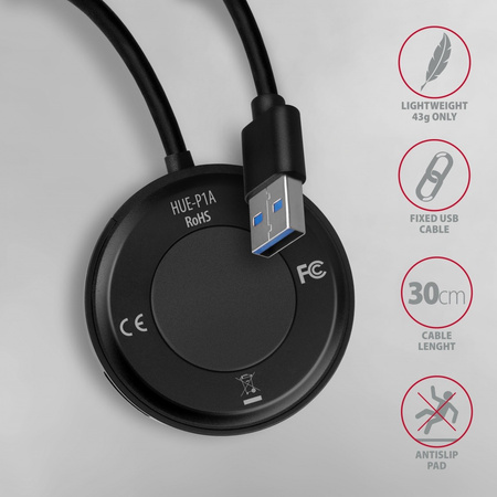 HUE-P1A Hub 4-portowy USB 3.2 Gen 1 round, 30cm USB-A kabel, microUSB