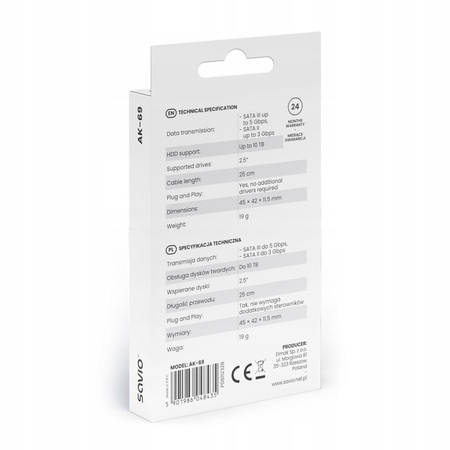SAVIO Adapter USB-C 3.1 Gen 1 (M) - SATA (F) do dysków 2.5 cala, AK-69