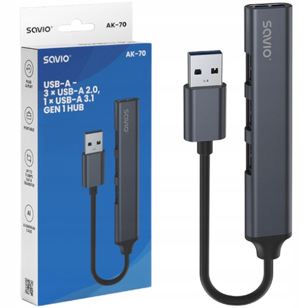 Hub 4 porty USB-A - 3 x USB-A 2.0, 1 x USB-A 3.0, 5 Gbps, Aluminium, AK-70