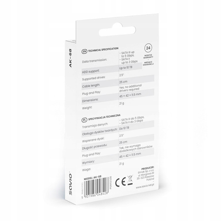 SAVIO Adapter USB-C 3.1 Gen 1 (M) - SATA (F) do dysków 2.5 cala , AK-68