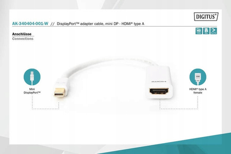 Kabel adapter Displayport 1080p 60Hz FHD Typ miniDP/HDMI A M/Ż biały 0