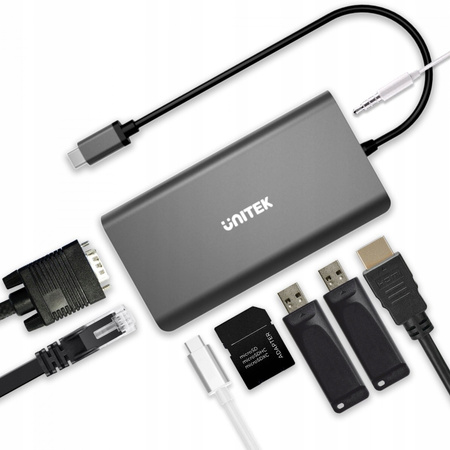 UNITEK HUB 8-w-1 USB-C 3.1; HDMI; VGA; RJ45; SD; PD 100W; D1019B