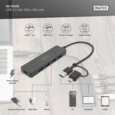 Hub USB 3.0/Koncentrator 4-portowy SlimLine USB A + adapter USB-C 5Gbps,