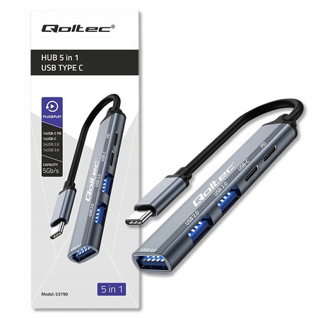 QOLTEC HUB adapter USB-C 3.1 5w1 | USB-C PD | USB-C | 2x USB 2.0 | USB 3.0