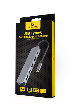GEMBIRD Adapter USB-C Hub USB-C PD HDMI x2 USB 3.0x3