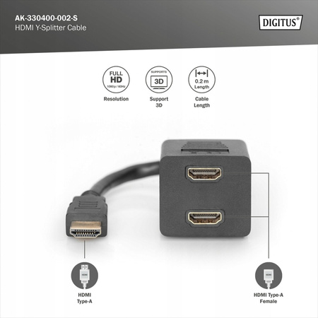 Kabel rozdzielacz/splitter HDMI HighSpeed 1080p 24Hz FHD Typ HDMI A/2xHDMI