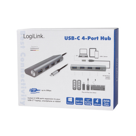 LOGILINK Hub 4xUSB 3.1, USB-C, aluminiowa obudowa