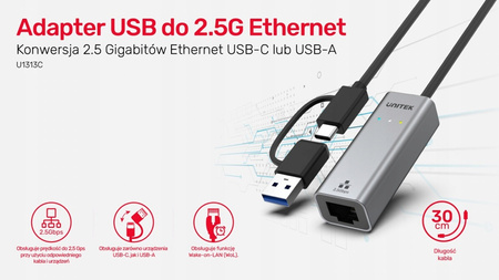 UNITEK Adapter USB-A/C 3.1 GEN1 RJ45; 2,5 Gbps; U1313C