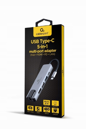 GEMBIRD Adapter wieloportowy USB-C 5w1, PD, HDMI, USB 3.1, USB 2.0, LAN