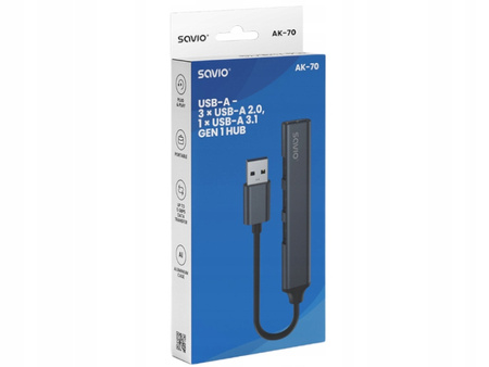Hub 4 porty USB-A - 3 x USB-A 2.0, 1 x USB-A 3.0, 5 Gbps, Aluminium, AK-70