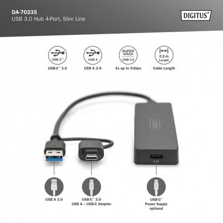 Hub USB 3.0/Koncentrator 4-portowy SlimLine USB A + adapter USB-C 5Gbps,