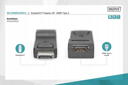 DIGITUS Adapter Displayport 1080p 60Hz FHD Typ DP/HDMI A M/Ż czarny