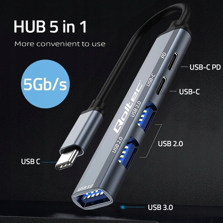 QOLTEC HUB adapter USB-C 3.1 5w1 | USB-C PD | USB-C | 2x USB 2.0 | USB 3.0
