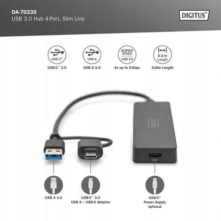 Hub USB 3.0/Koncentrator 4-portowy SlimLine USB A + adapter USB-C 5Gbps,