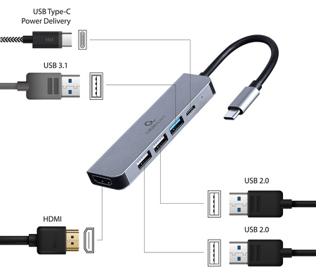 GEMBIRD Adapter wieloportowy USB-C 5w1, PD, HDMI, USB 3.1, USB 2.0x2