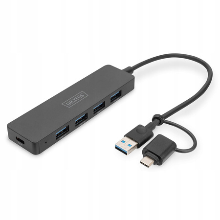 Hub USB 3.0/Koncentrator 4-portowy SlimLine USB A + adapter USB-C 5Gbps,