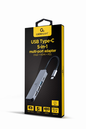 GEMBIRD Adapter wieloportowy USB-C 5w1, PD, HDMI, USB 3.1, USB 2.0x2