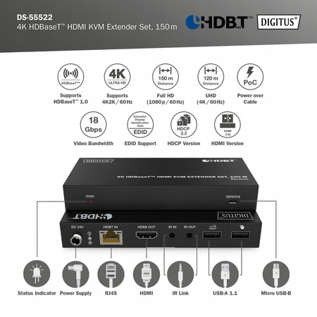 Przedłużacz/Extender HDMI 4K 60Hz 150m po skrętce Cat.6A/7/8 HDBaseT,