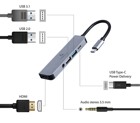 GEMBIRD Adapter USB-C 5w1, PD, HDMI, Audio, USB 3.1, USB 2.0