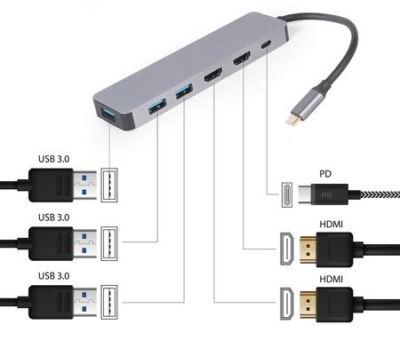 GEMBIRD Adapter USB-C Hub USB-C PD HDMI x2 USB 3.0x3