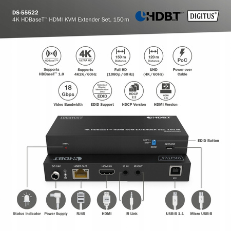 Przedłużacz/Extender HDMI 4K 60Hz 150m po skrętce Cat.6A/7/8 HDBaseT,