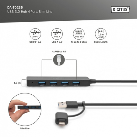 Hub USB 3.0/Koncentrator 4-portowy SlimLine USB A + adapter USB-C 5Gbps,