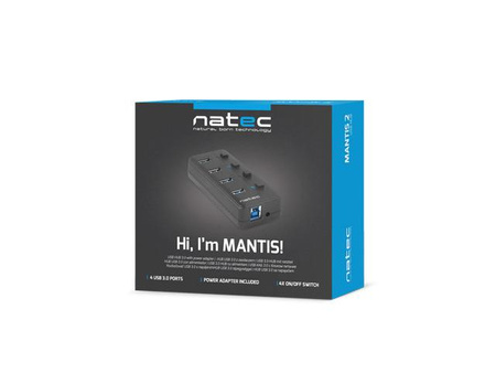 NATEC Hub USB 4 porty Mantis 2 USB 3.0 z włącznikiem + zasilacz