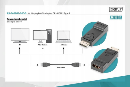 DIGITUS Adapter Displayport 1080p 60Hz FHD Typ DP/HDMI A M/Ż czarny