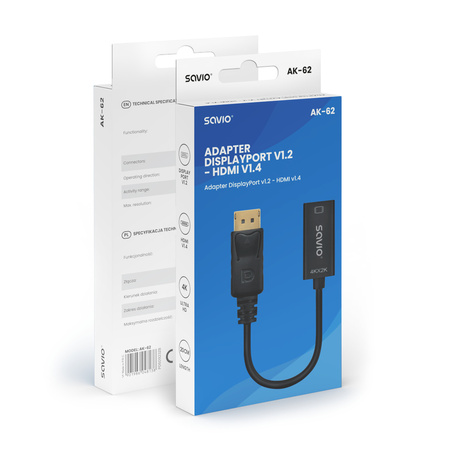SAVIO Adapter DisplayPort (M) v1.2 - HDMI (F) v1.4, 4K, AK-62