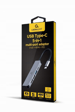 GEMBIRD Adapter wieloportowy USB-C 5w1, PD, HDMI, USB 3.1, USB 2.0x2